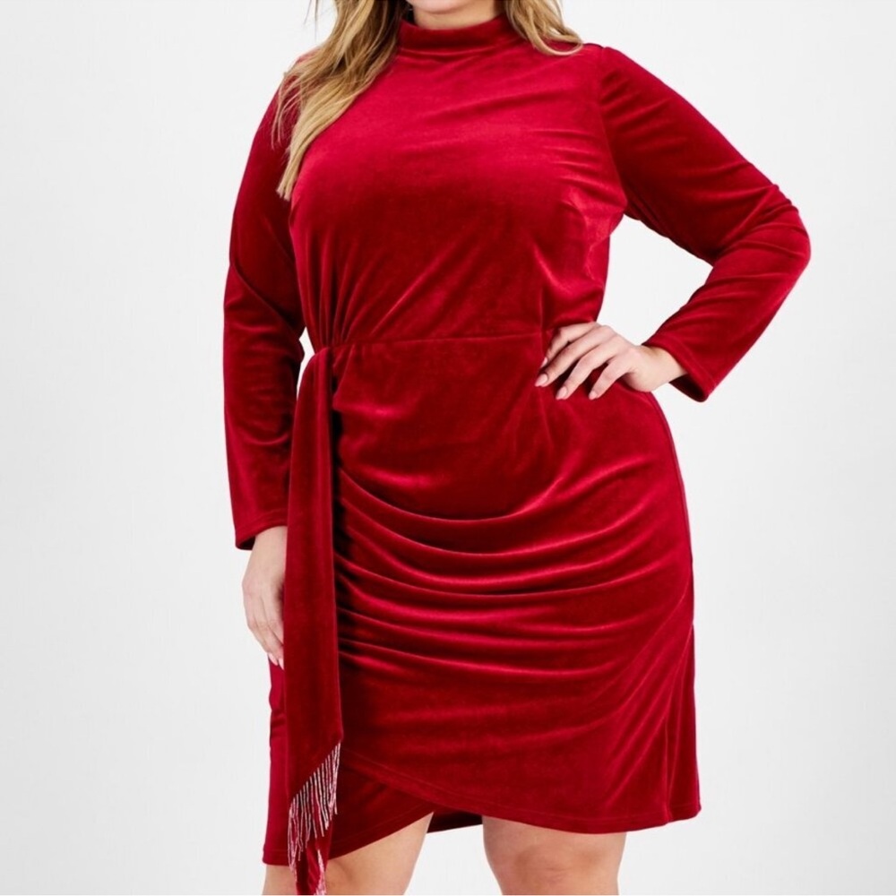Tahari ASL Stretch Velvet Long Sleeve Mock Neck Fringe Dress Plus Size 20W NWT